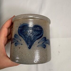 Rowe Pottery Works Salt Glazed 4" Crock Heart 1990 Country Primitive Folk Art